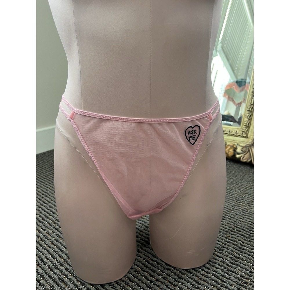 Vintage Victoria's Secret Pink Mesh "Ask Me" String Bikini Panties Double Strap